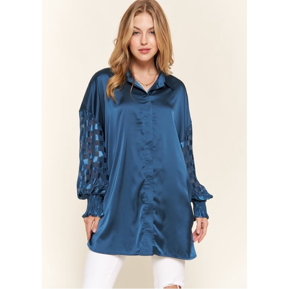 Andthewhy Blue Teal Satin Women's Top with Checkered Sleeves